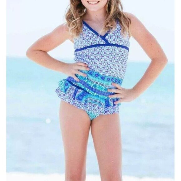 Cabana Life Other - CABANA LIFE Girls Tile UPF 50 Ruffled Tankini Swimsuit Size 12 NWT